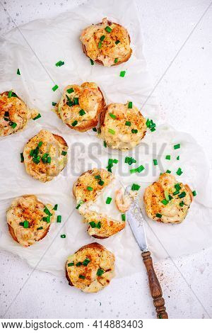 Cajun Srimp Toast.top View. Style Hugge. Selective Focus