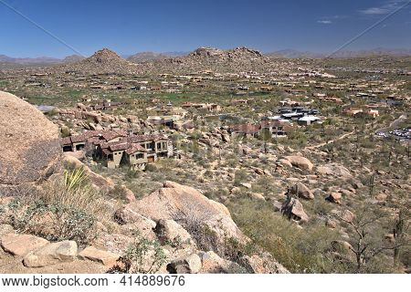 View From Pinnacle Peak Mountain Near Scottsdale, Az Looking Across At Homes And Mountains In The Di