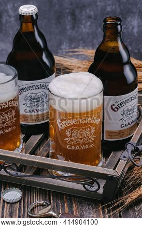 Grevensteiner Beer, Mug And Bottle Of Beer With Wheat Ears On Wooden Planks