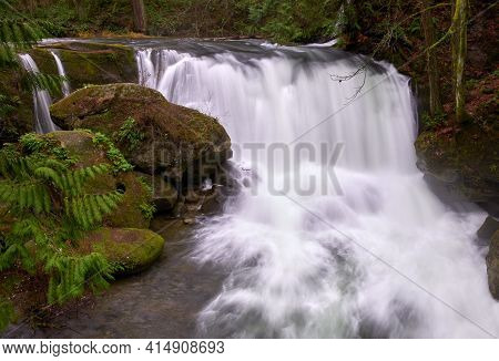 Whatcom Falls Bellingham Washington Usa. Water Pours Over Whatcom Falls In The Pacific Northwest Cit