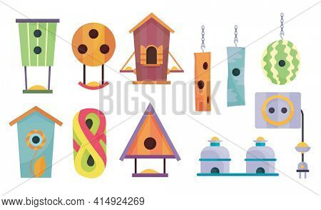 Collection of bird houses. Cartoon  birdhouse or wooden house for birds. Set of hanging nesting boxes for garden and home decor in flat design. Decorative flat  icons