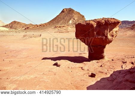 Israel. Hot November day. The Timna Valley is a depression located in the south of the Arava Desert, near the resort of Eilat. Red sandstone rock 