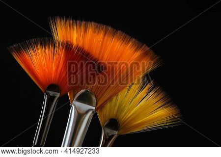 Three Fan Shaped Paintbrushes. Artistic Flat Fan Brushes With Orange Hairs For Watercolor Or Acrylic