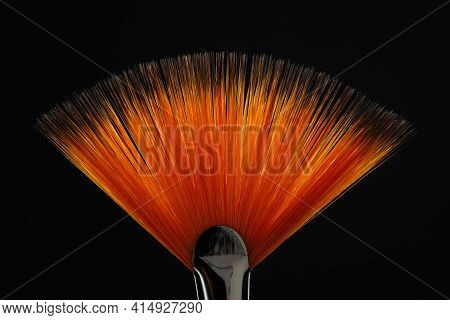 Fan Shaped Paintbrush. Artistic Flat Fan Brush With Orange Hairs For Watercolor Or Acrylic Painting 