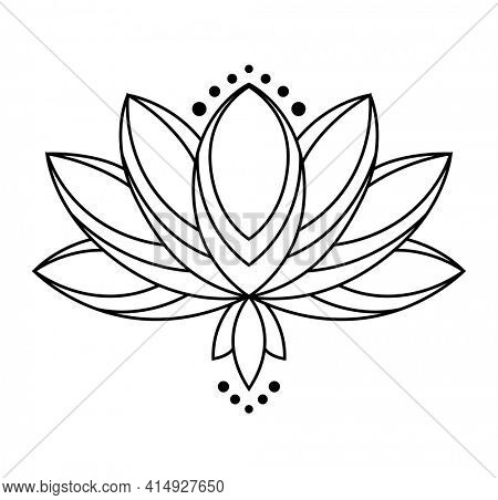 Lotus icon. Monochrome blooming flower. Black linear petals of plant on white background. Blossom, aquatic plant  element for web. Coloring style