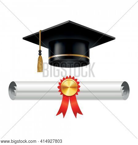 Graduation cap and rolled diploma scroll with stamp. Finish education concept. Academic hat with tassel and university degree certificate.  illustration for announcement banner poster or flyer