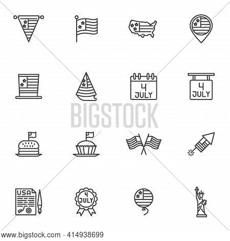 American Independence Day Line Icons Set, Outline Vector Symbol Collection Linear Style Pictogram Pa