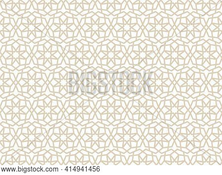 Arabic Lace Seamless Pattern With Stars In Beige Colors. Traditional Islamic Girih Tiles. Vector Ill