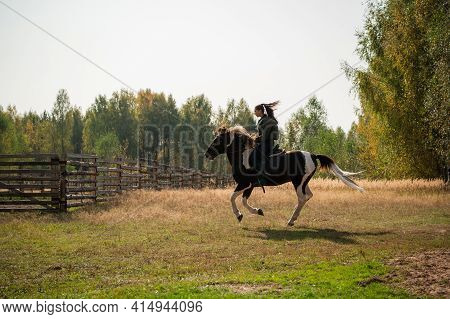 A Pretty Girl Came To The Country Equestrian Club And Rides A Horse Through The Fields In The Fall
