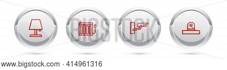 Set Line Table Lamp, Heating Radiator, Security Camera And . Silver Circle Button. Vector