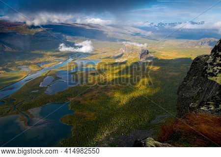 Beautiful, Wild Arctic Valley Viewed From Mountain Top In Epic Early Morning Light. Remote Rapa Rive