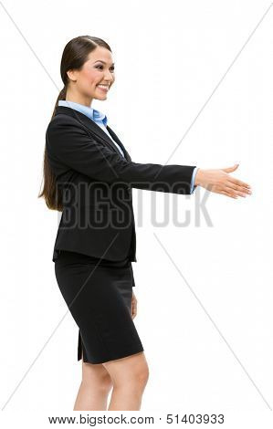 Half-length profile of business woman handshake gesturing, isolated on white. Concept of leadership and cooperation