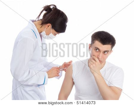 Doctor Woman In Mask Give Flu Vaccination Or Insulin Injection Shot