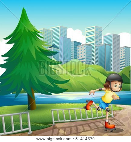 Illustration of a young girl rollerskating near the riverbank