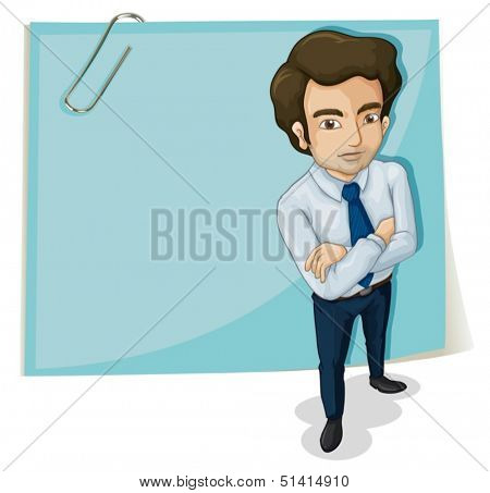 Illustration of a man in front of the empty signage with a paperclip on a white background