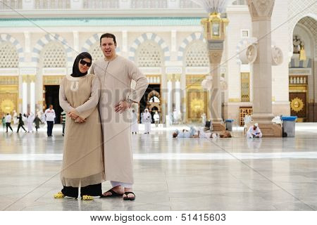 Muslim Arabic woman portrait outdoors in holy mosque