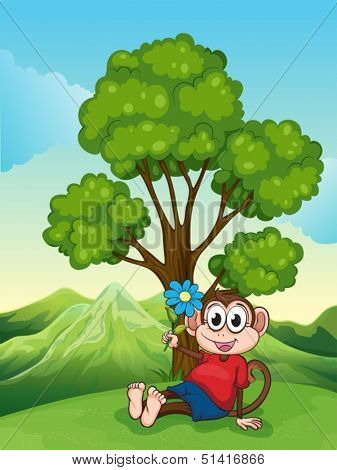 Illustration of a monkey with a flower sitting under the tree