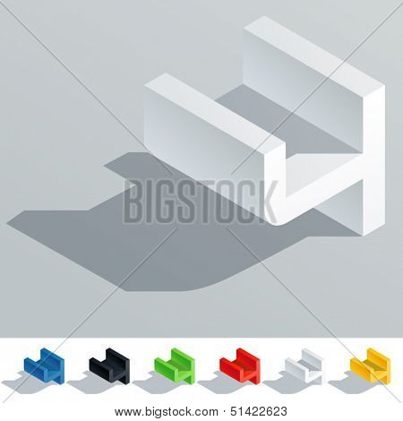 Vector illustration of solid colored letter in isometric view. Cube styled monospace characters. Symbol 4
