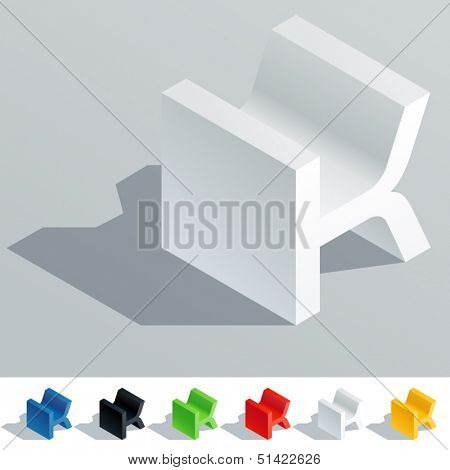 Vector illustration of solid colored letter in isometric view. Cube styled monospace characters. Symbol K