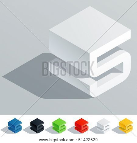 Vector illustration of solid colored letter in isometric view. Cube styled monospace characters. Symbol 5