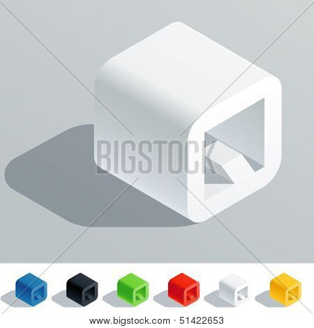 Vector illustration of solid colored letter in isometric view. Cube styled monospace characters. Symbol Q