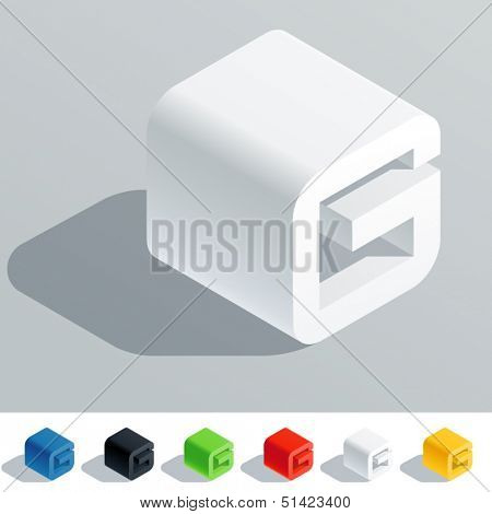 Vector illustration of solid colored letter in isometric view. Cube styled monospace characters. Symbol G