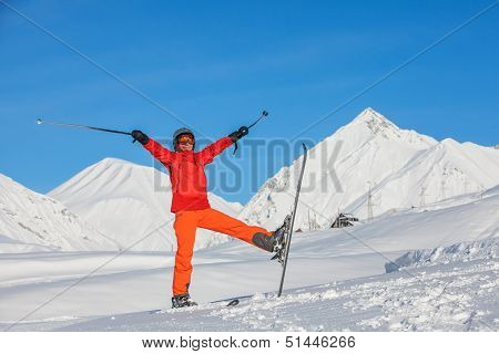 Skier is posing at camera at Gudauri resort in high mountaing of Georgia Caucasus