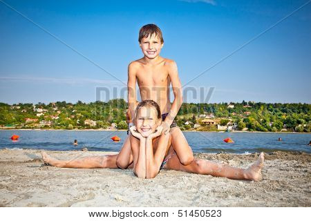  Girl on the public beach Strand at Danube river in Novi Sad, Serbia.