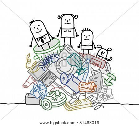 family on a pile of garbage
