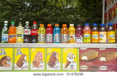 Soft beverages and ice cream at vendors cart in Central Park