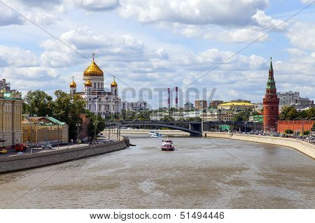 Moscow. Panorama of the Moscow river embankment and architectural ensemble of the Moscow Kremlin