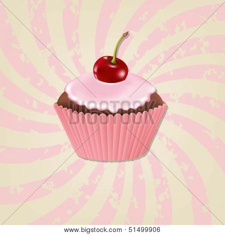 Cupcake With Cream And Cherry And Vintage Sunburst With Gradient Mesh, Vector Illustration