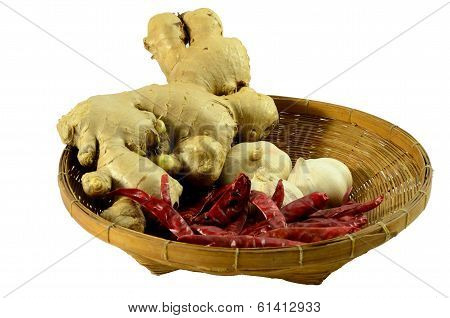 Thai ingredient on wooden basket