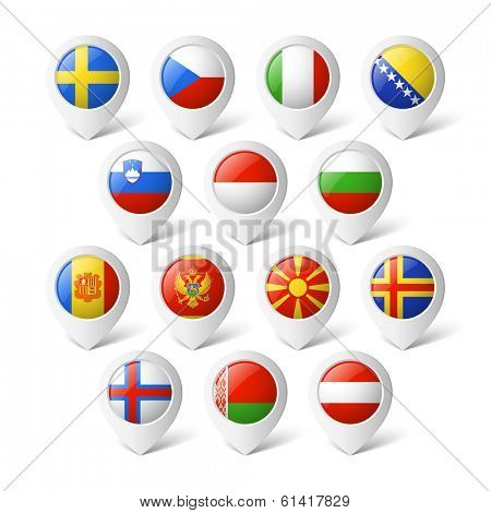 Map pointers with flags. Europe.