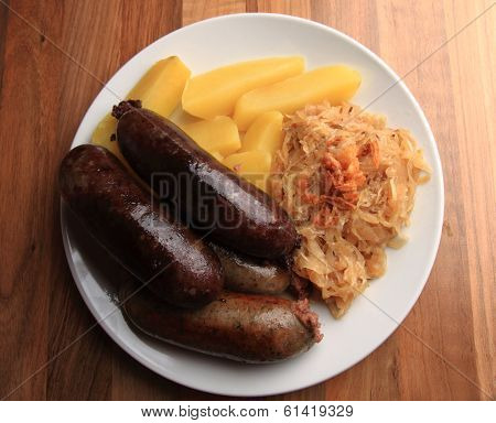 Czech Food - Black And White Pudding With Potatoes And Sauerkraut