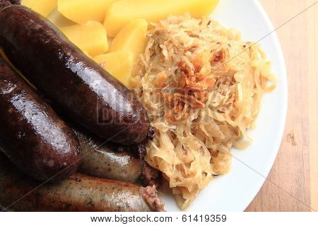 Czech Food - Black And White Pudding With Potatoes And Sauerkraut
