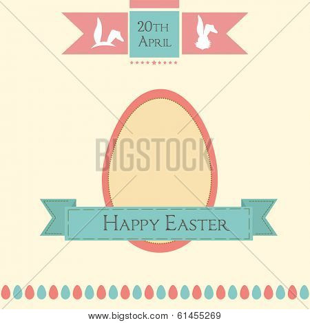 Vintage Happy Easter celebration flyer, poster or banner design with easter egg and green ribbon on brown background. 