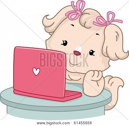 Illustration of a Cute Female Dog Doing an Online Search