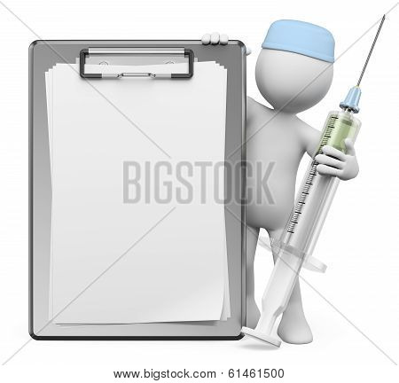 3D White People. Nurse With Syringe And Blank Clipboard