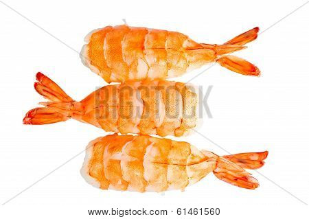 Three Sushi Shrimp And Rice On A White Background