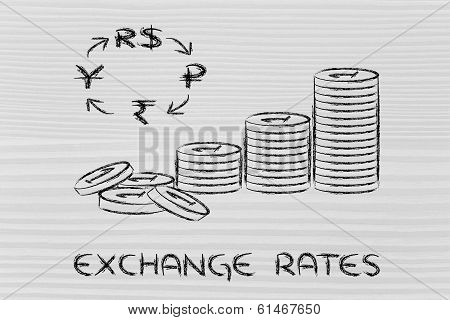 Stack Of Coins And Brics Currency Symbols, Exchange Rates