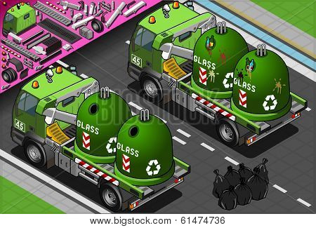 Isometric Glass Garbage Truck with Container in Rear View