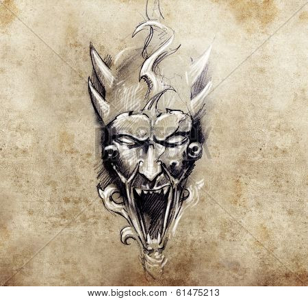 Tattoo art, hadmade sketch over vintage paper