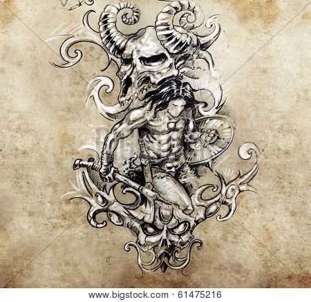 Tattoo art, hadmade sketch over vintage paper