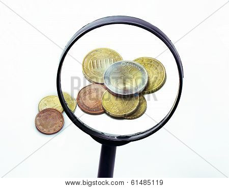 Euro Coins Through A Magnifying Glass