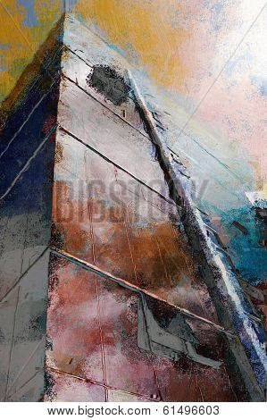 Painting of a modern tower block in colorful grunge style