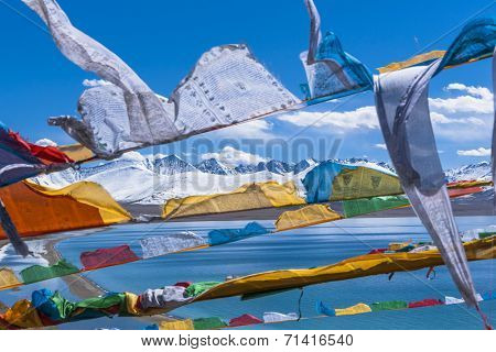 Buddhist Script Flag, landscape in tibet china.