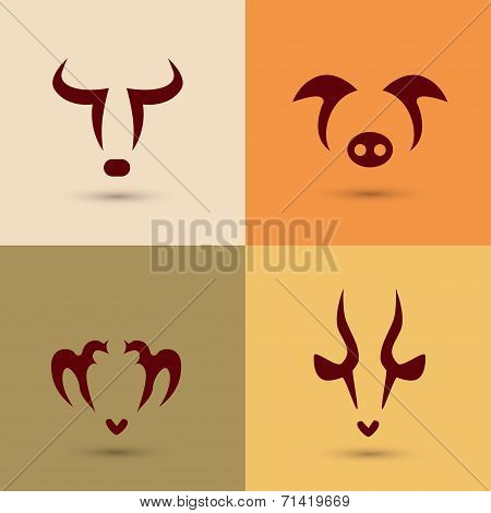 Farm Animals, Stylized Vector Icons Set