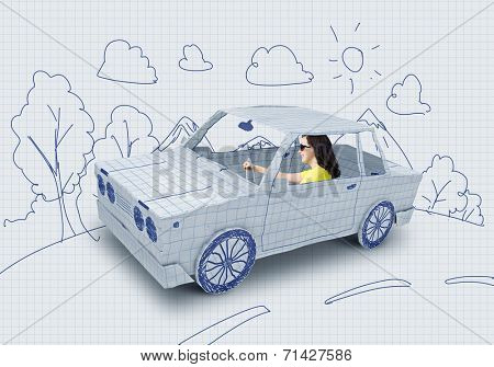 Young woman riding car made of list of paper