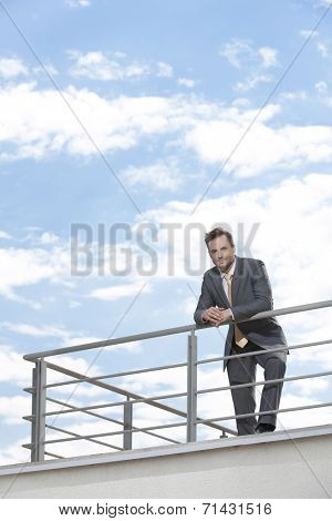 Portrait of young businessman leaning on terrace railings